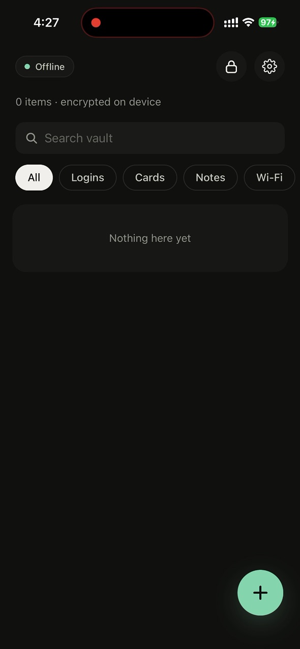 The vault screen with a search field and filters for logins, cards, notes and Wi-Fi.